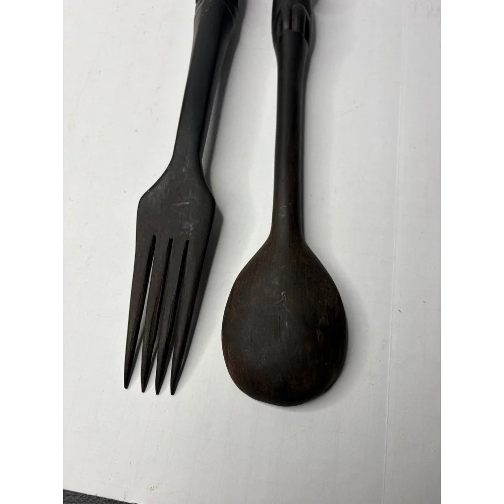 Vintage African Hand Carved Wood‎ Tribal Salad Server Set Fork Spoon Figural 15